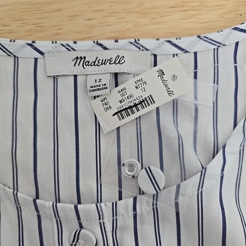 NWT Madewell Puff-Sleeve Button Up Stripe Size 12 NT779 Preppy Office‎ Coastal